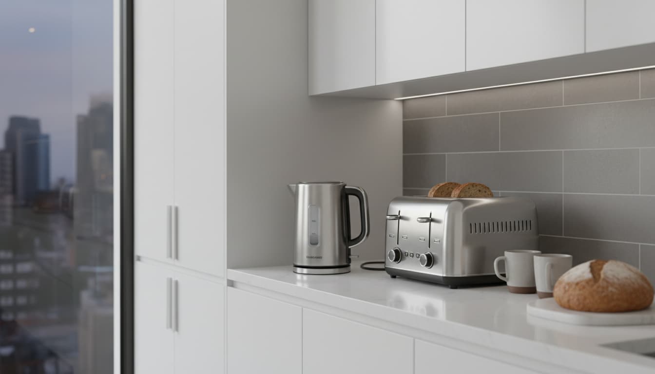 Tostadora y hervidor eléctricos en encimera de cocina